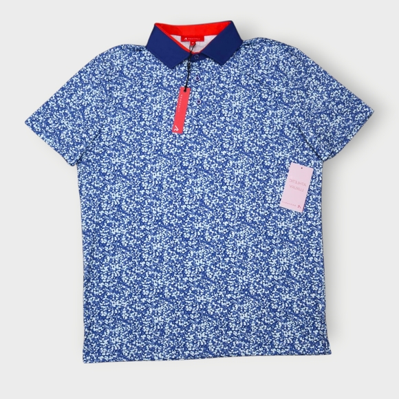 Redvanly Polo Shirt Mens Medium Blue Mazarine Blue Water Print Golf Athletic - Picture 1 of 12